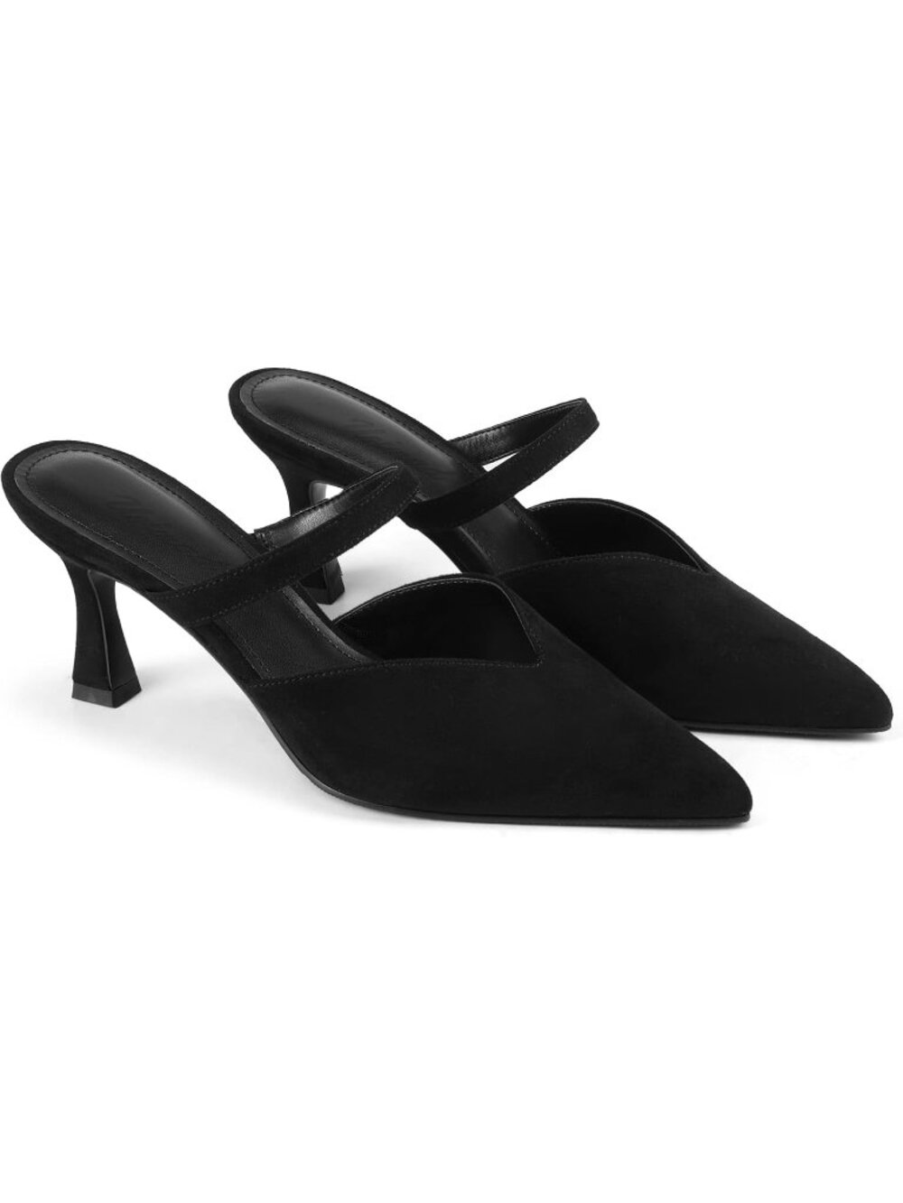 Women's Black Suede Closed Pointed Toe High Heel Slip On Dressy Mesh Mule Sandal